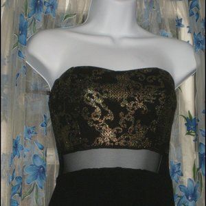 Unique Womens BLACK & MULTI GOLD MESH STRAPLESS Evening Dress by PAPAYA Sz S / M